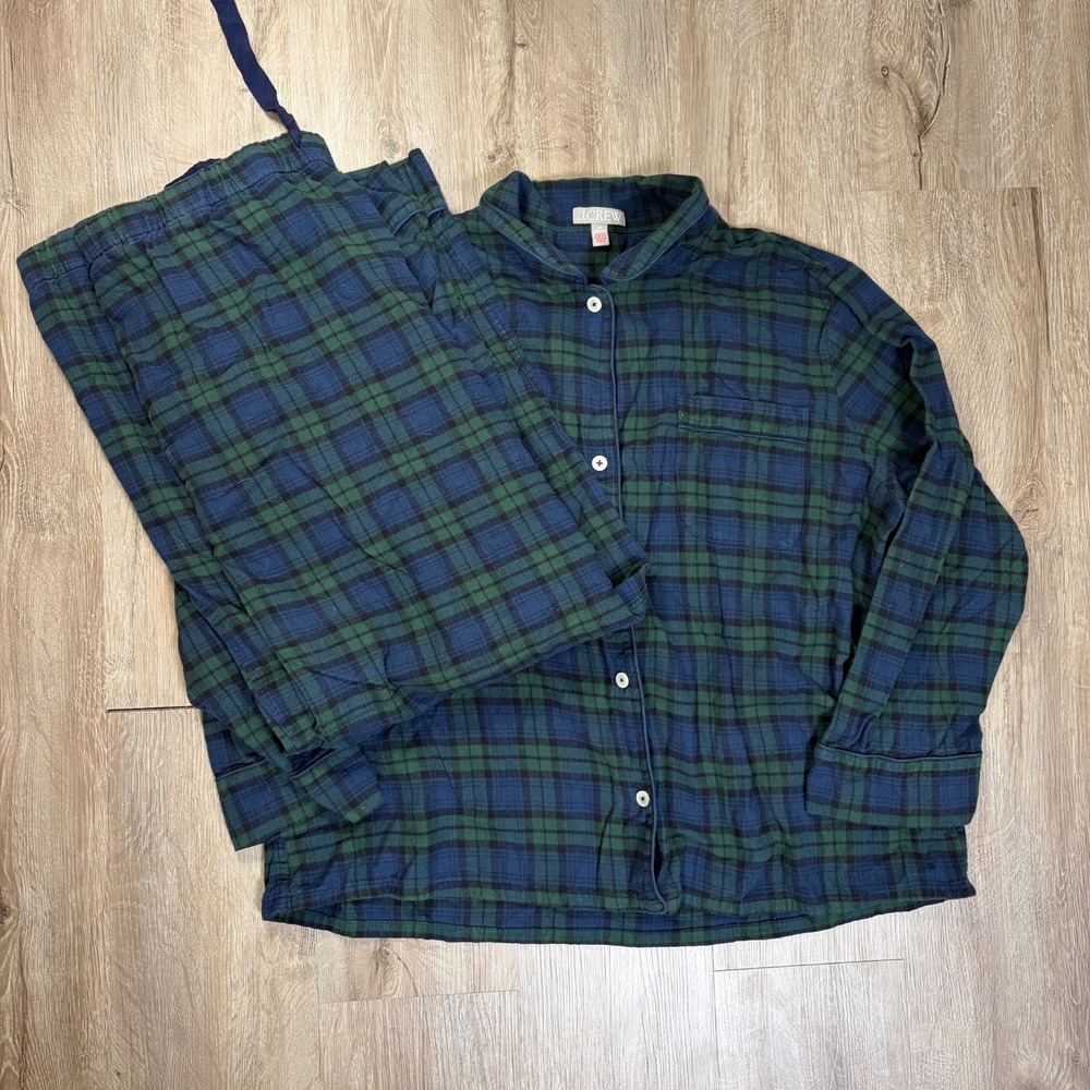 J Crew Pajama Set Size 2X Green Tartan 100% Cotton Top Bottom Button